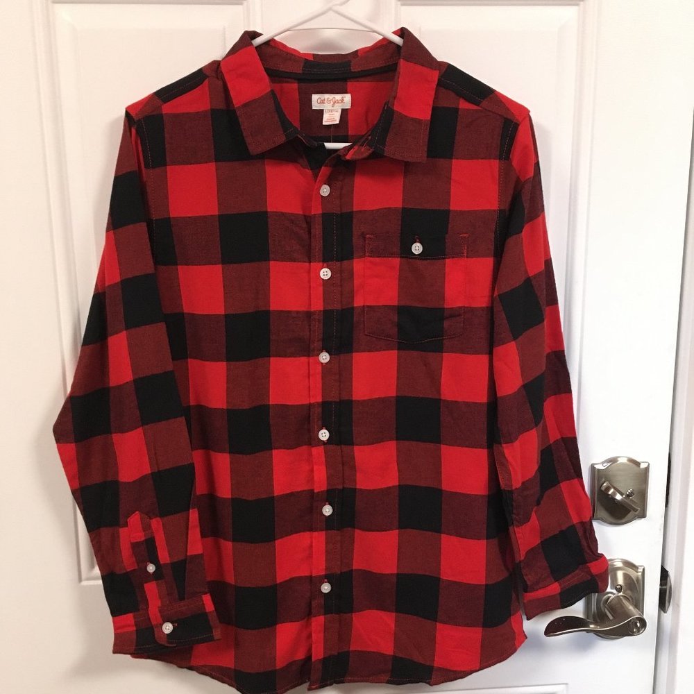 Boys Cat & Jack Long Sleeve Button Down Red & Black Plaid Shirt - XLH (16)